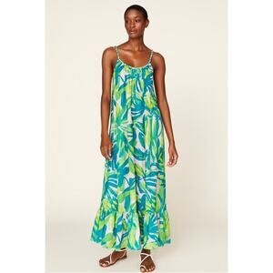 True Destinations Tropical Leaves Maxi Dress Size Large Flowy Resort Beach